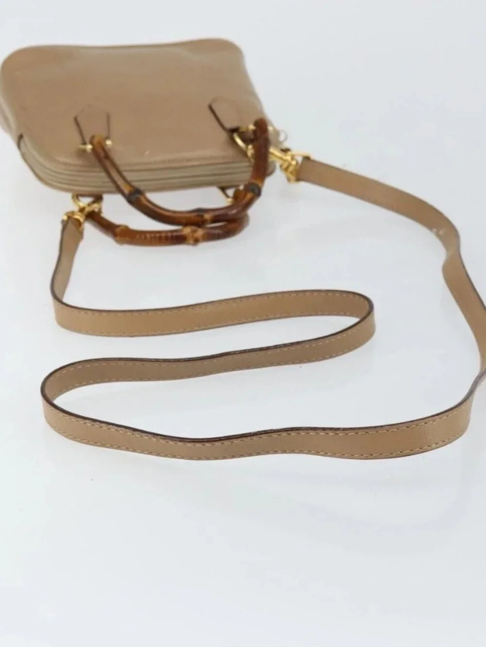 GUCCI Bamboo Hand Bag Leather 2way Beige Gold 007 2865 0231 Auth